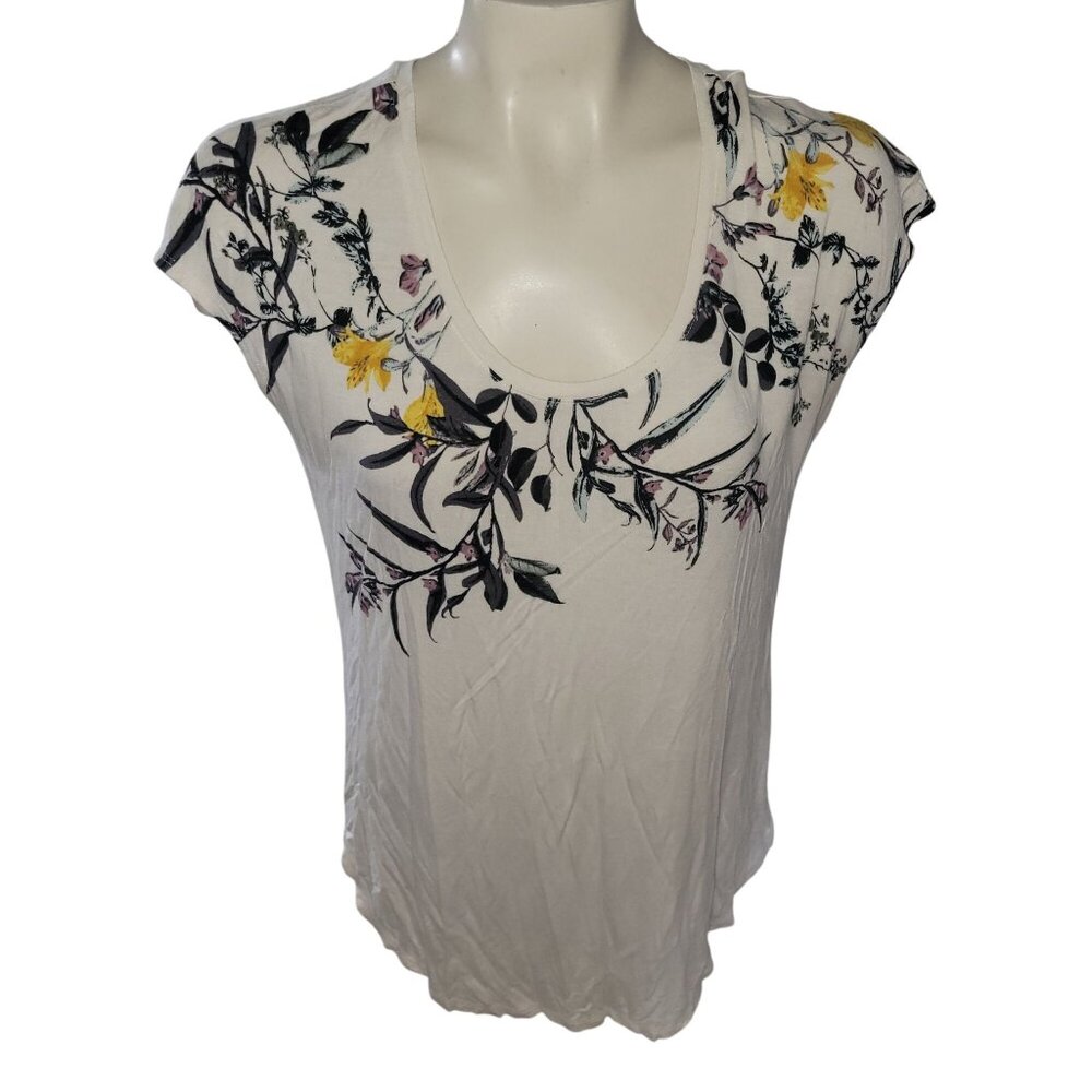 24/7 Comfort Floral Print Scoop Neck Cap Sleeve T Shirt Top Women's